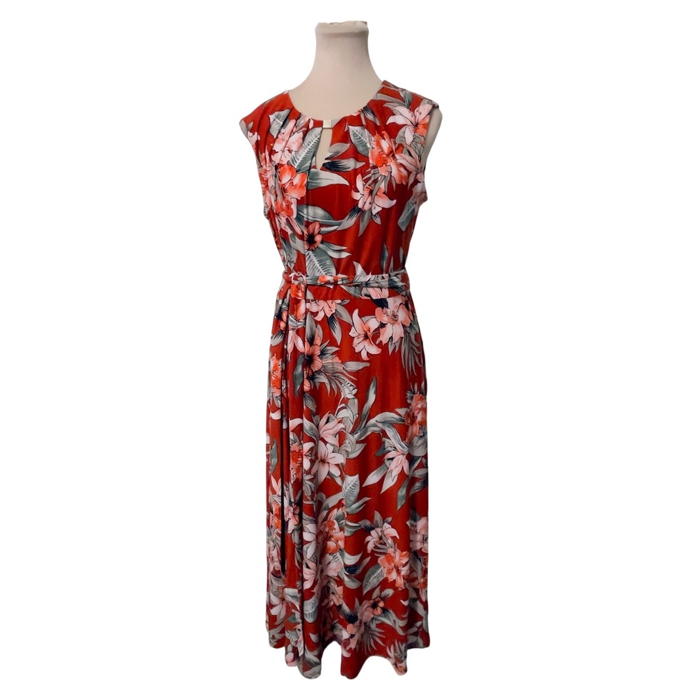 Kasper Women Red Floral‎ Sleeveless Keyhole Maxi Dress Size 8 Tropical Summer